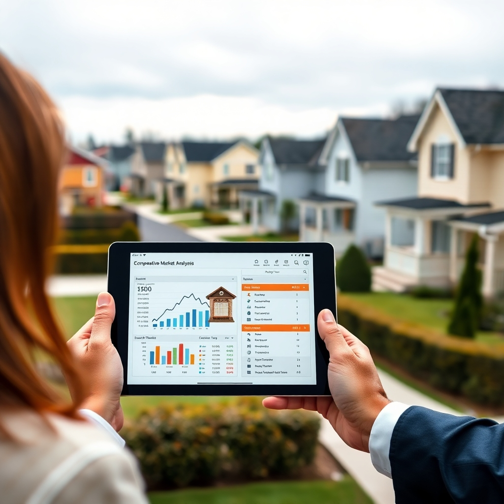 A photorealistic image of a real estate agent showing a tablet displaying a comparative market analysis of a house to a client. The background should show a neat suburban neighborhood with houses similar to the one being analyzed. The image should have a warm and trustworthy tone, emphasizing professionalism and transparency.