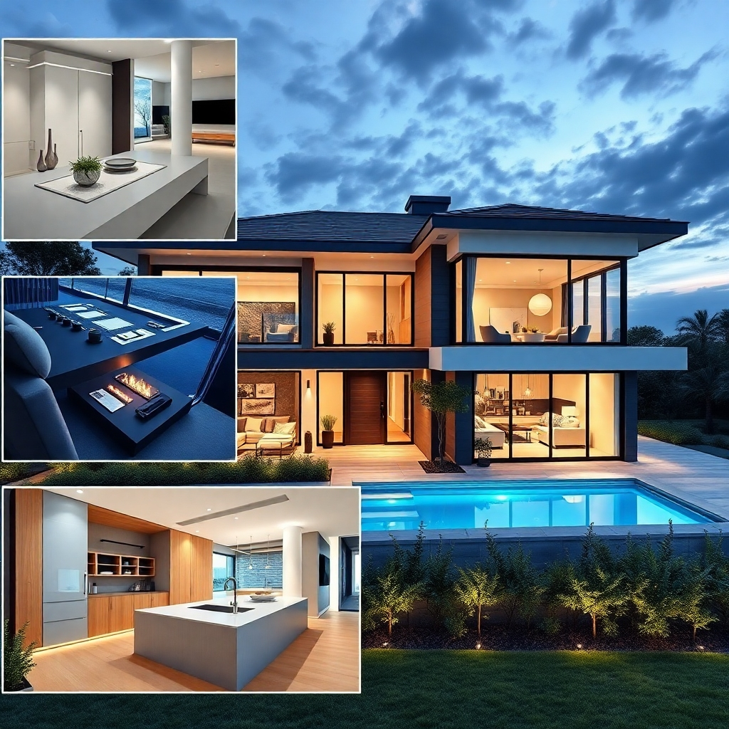 A photorealistic image showcasing various key features of a modern house. This should include high-resolution close-ups of luxurious finishes, smart home technology integration, and beautiful landscaping. The style should be modern and sleek, with a focus on the quality of materials and craftsmanship.