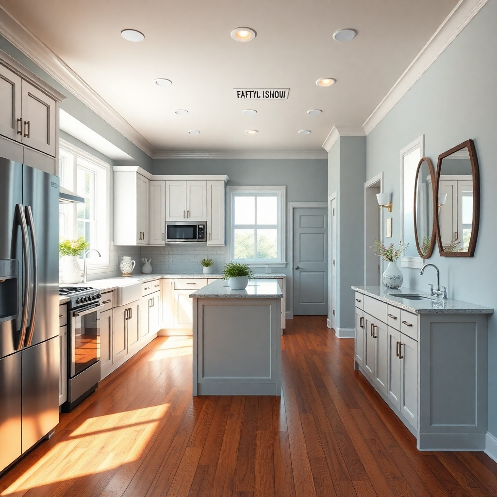 A photorealistic image showcasing a meticulously maintained home interior, highlighting features like renovated kitchen with modern appliances, recently painted walls, polished hardwood floors and updated bathrooms. The image should be bright and show attention to detail.