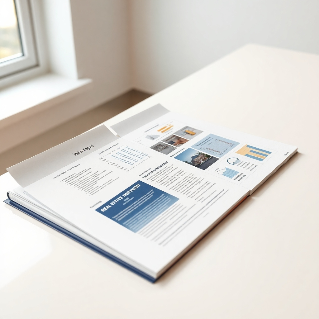 A photorealistic image with an 8K resolution showing a beautifully designed, high-end real estate valuation report. The report is printed on high-quality, thick paper, with a luxurious embossed cover. The image should use a warm, professional color palette consisting of deep blues, elegant golds, and subtle creams, creating a feeling of trust and high quality. The report lies open on a large, pristine white desk, illuminated with soft natural light coming from a window to the left. The camera angle is a slightly elevated medium shot, focusing on the key details and elegant typography of the report. The report itself includes tables, graphs, and high-quality photographs of the property, highlighting key features and details. The desk is otherwise uncluttered, suggesting professionalism. The textures should include the high quality of the paper, the embossing of the cover, and the smooth finish of the desk. The style should evoke a feeling of high-end real estate, luxury, and impeccable service. The overall lighting should be bright, but soft and diffused, creating a clean and professional atmosphere. The scene should be minimalist and focused on the report's professional appearance, communicating a detailed and insightful assessment. The image should be evocative of a high level of expertise and trustworthiness.