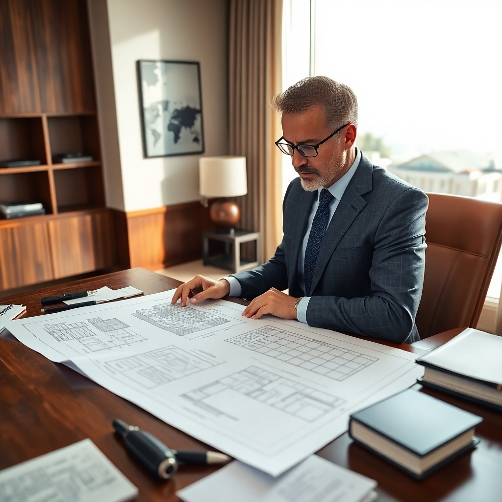 A photorealistic, ultra-high-resolution (8K) image depicting a professional real estate appraiser meticulously examining architectural blueprints of a luxurious modern house. The appraiser, dressed in a sharp business suit, is seated at a large mahogany desk, illuminated by soft, diffused natural light streaming from a nearby window. The color palette should be warm and inviting, with rich browns, deep greens, and muted golds. The camera angle is a slightly elevated medium shot, focusing on the appraiser's concentrated expression and the detailed blueprints. The blueprints should show complex architectural details and high-end features. The desk is cluttered with other relevant documents and tools in a way that suggests serious work and attention to detail. In the background, partially visible through a large window, is a stunning view of the actual property, highlighting its high value and desirable location. The overall style should be reminiscent of high-end architectural photography, aiming for a mood of trust, competence and professionalism. The image should evoke a sense of precision and thoroughness in the valuation process. Textures include the smooth wood of the desk, the crisp lines of the blueprints, and the soft fabric of the appraiser's suit. The scene is clean and uncluttered, suggesting a high level of professionalism.