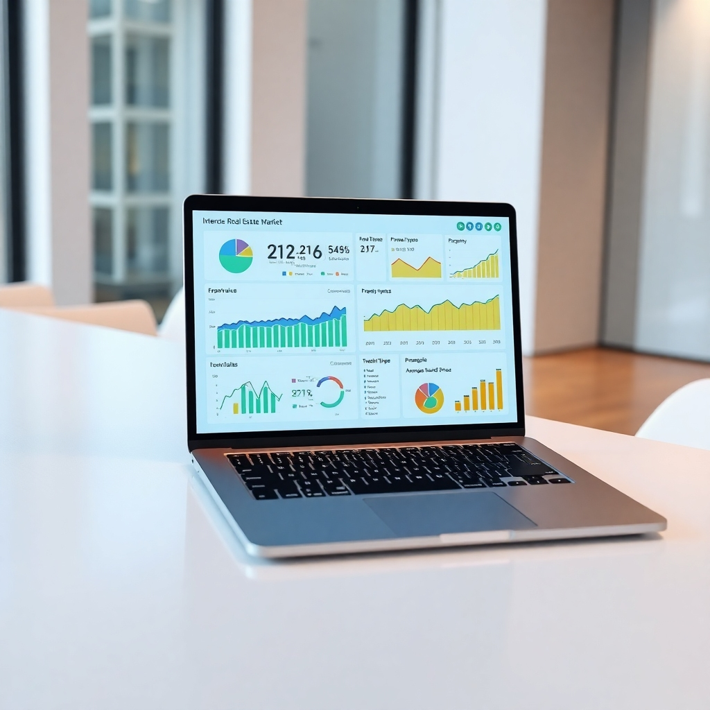 An ultra-high definition (8K), hyperrealistic image of a sleek, modern laptop displaying interactive graphs and charts representing real estate market data. The screen should be brightly lit, with a color palette that is clean and sophisticated, using blues, greens, and subtle accents of gold to reflect trust and financial stability. The laptop is situated on a minimalist, modern desk in a bright, contemporary office, with soft, diffused lighting. The camera angle is a slightly high angle, emphasizing the data presented on the screen. The background should be subtly blurred, but still convey a feeling of a professional and successful business. The texture should include the smooth glass of the laptop screen, the matte finish of the desk, and the subtle grain of the wood flooring. The laptop should be open to a data visualization dashboard showing various key performance indicators (KPIs) of the real estate market, including property values over time, property types, transaction volumes, and average selling prices. The style should aim for a sense of clarity and sophistication. The image should evoke a mood of confidence and expert analysis. There should be no visible people in the image, so the focus is completely on the data visualization itself.