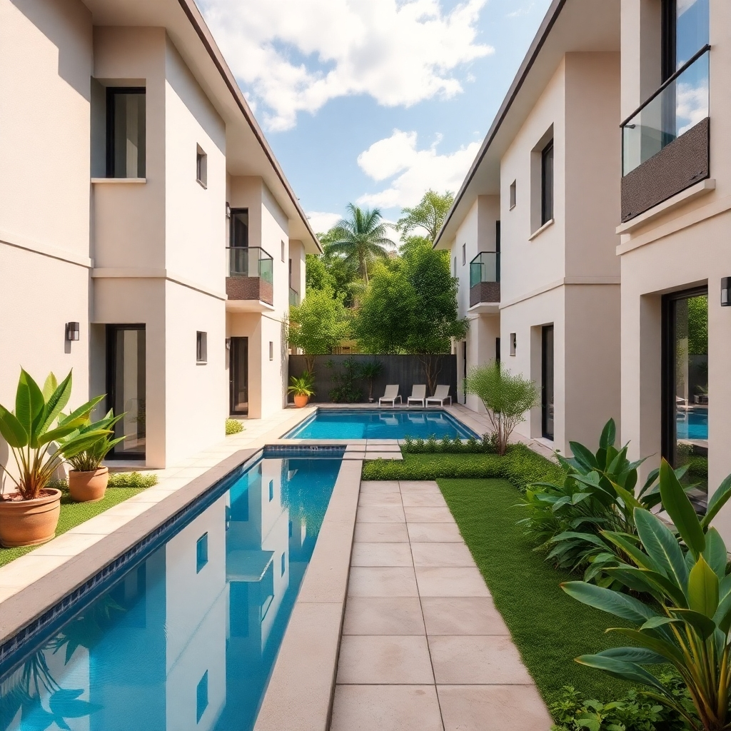 A photorealistic image of a beautiful house located in a desirable neighborhood. The image should emphasize the proximity to key amenities such as parks, schools, and shopping centers. It should be daytime, with bright sunlight and a vibrant atmosphere. The image should clearly showcase the house's location and its surrounding environment, highlighting its accessibility and convenience.